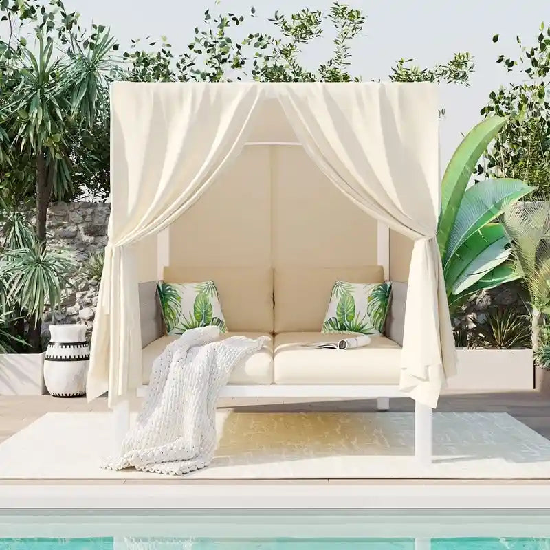 Outdoor Patio Sunbed Daybed with Curtains,Suitable for Garden,Swiming Pool