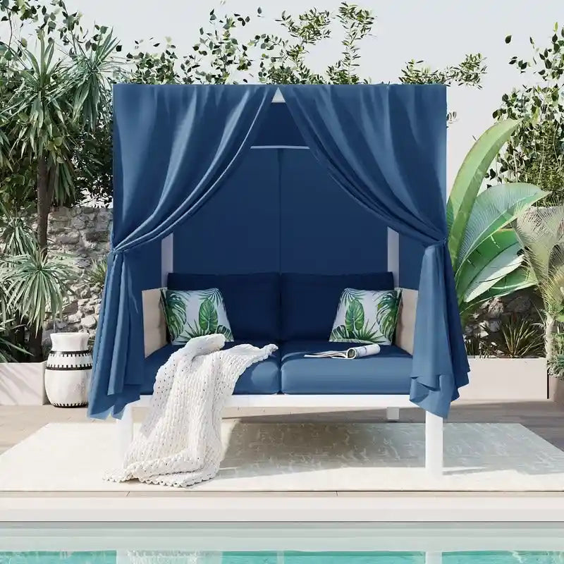 Outdoor Patio Sunbed Daybed with Curtains,Suitable for Garden,Swiming Pool