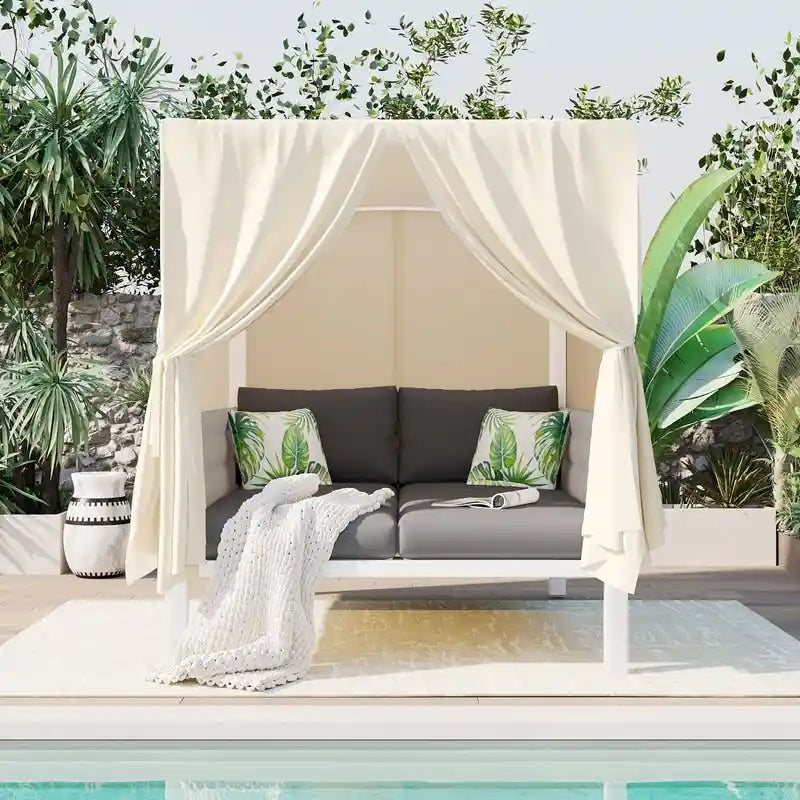 Outdoor Patio Sunbed Daybed with Curtains,Suitable for Garden,Swiming Pool