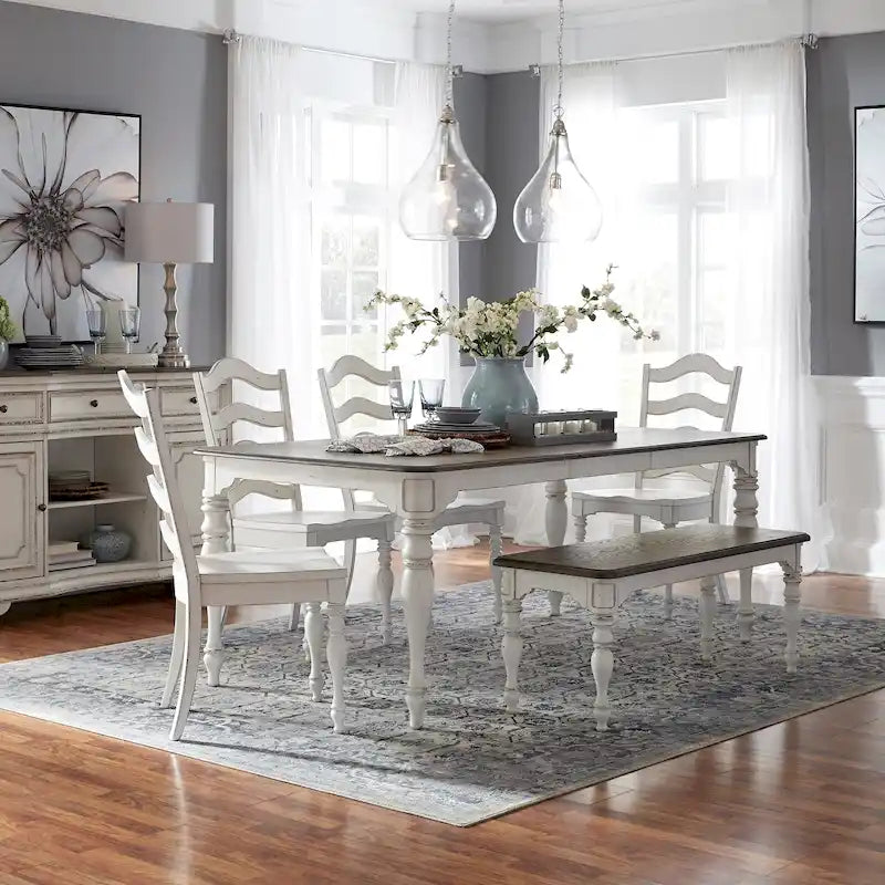 Magnolia Manor Antique White Weathered Bark 6 Piece Leg Table Set