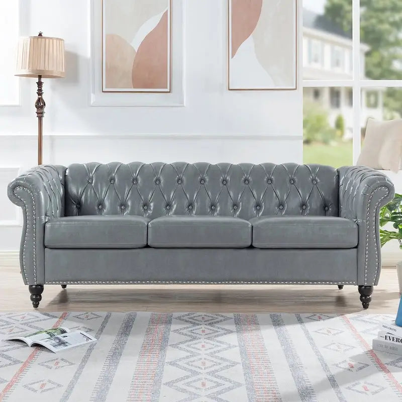 84.65 Chesterfield Tufted Faux Leather Sofa with Rolled Arms