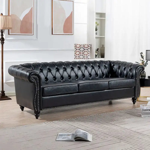Divano Chesterfield in ecopelle con braccioli arrotolati, 84,65 pollici