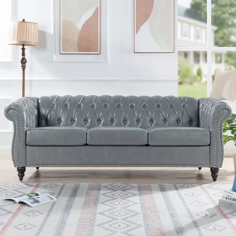 84.65 Chesterfield Tufted Faux Leather Sofa with Rolled Arms