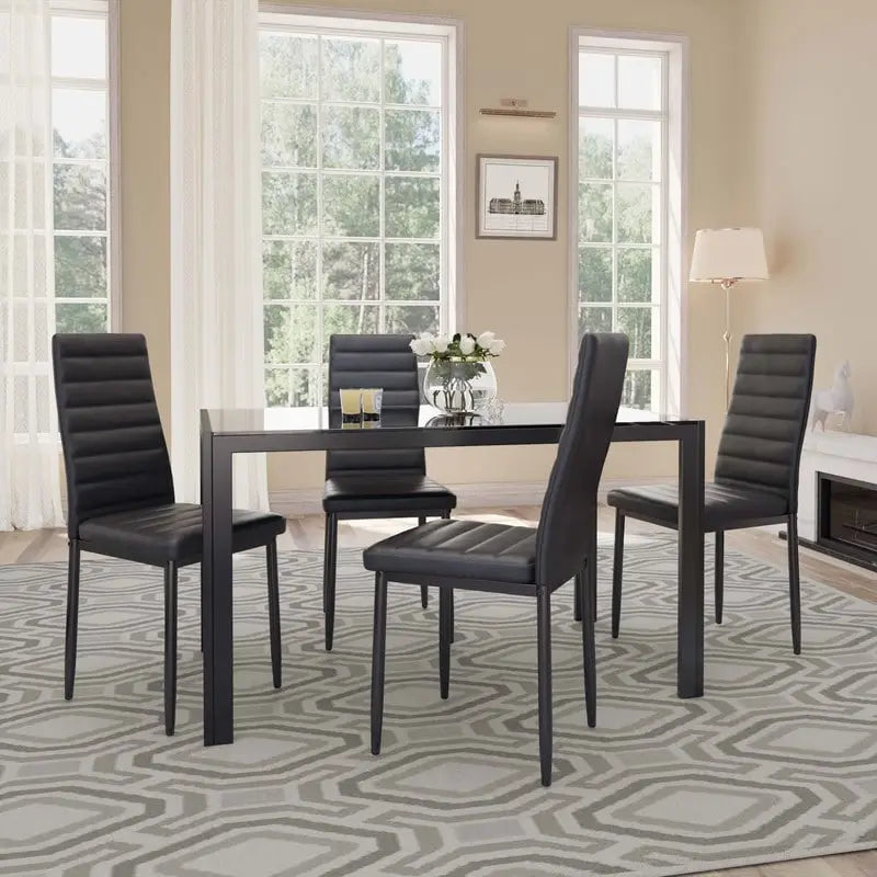 5 Pieces Glass Dining Table Set, 4 Person Modern Home Kitchen Chairs with High Back PU Leather Dining Chairs