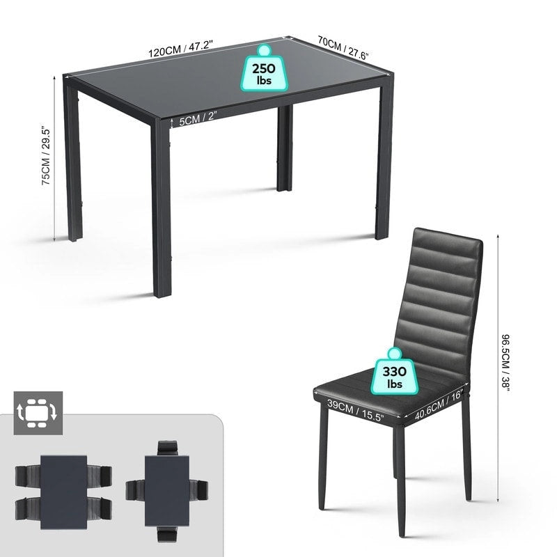 5 Pieces Glass Dining Table Set, 4 Person Modern Home Kitchen Chairs with High Back PU Leather Dining Chairs