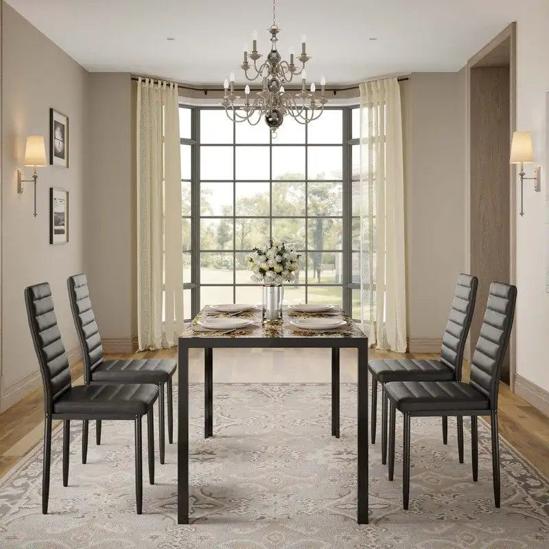5 Pieces Glass Dining Table Set, 4 Person Modern Home Kitchen Chairs with High Back PU Leather Dining Chairs