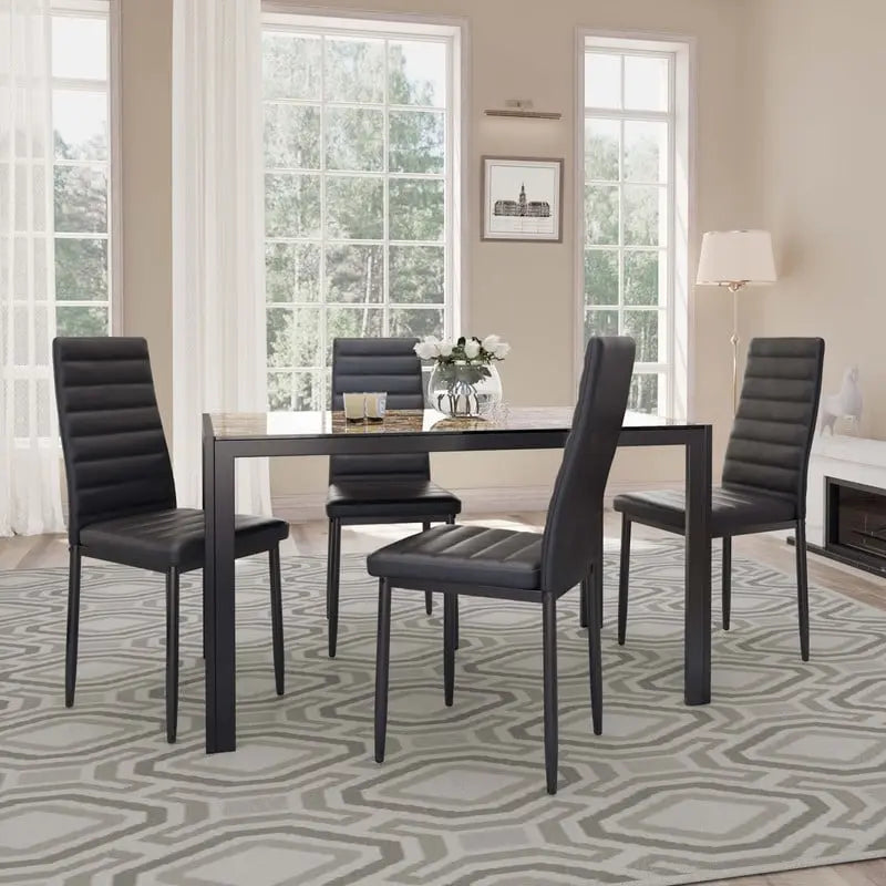 5 Pieces Glass Dining Table Set, 4 Person Modern Home Kitchen Chairs with High Back PU Leather Dining Chairs