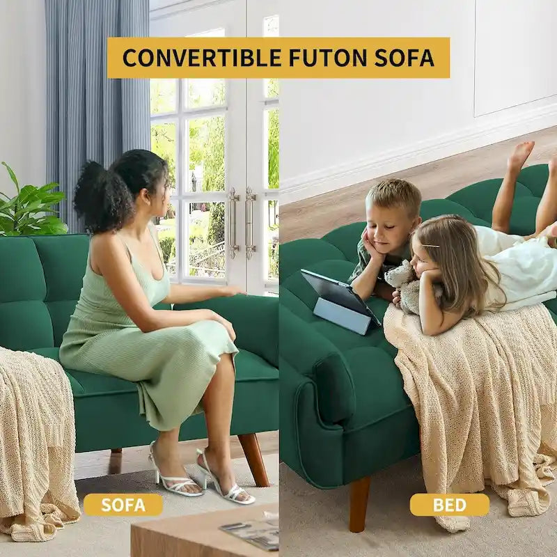 75.39 INCH Futon Sofa Bed, Convertible Folding Futon Couch Recliner Lounge For Living Room With 2 Pillow/Armrest