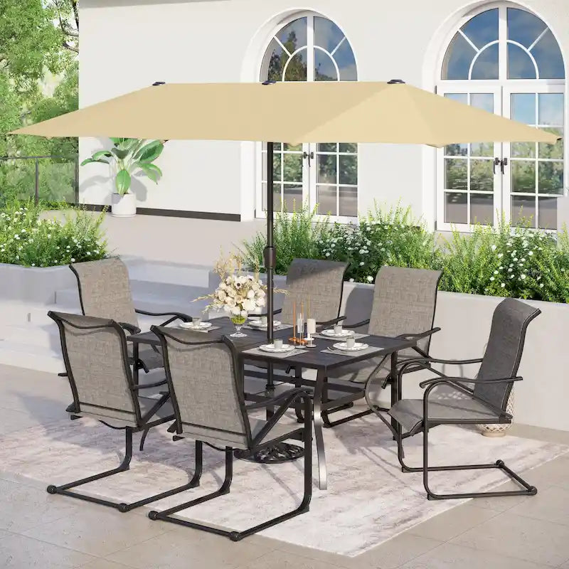 Set da pranzo per patio da 7/8 pezzi con tavolo in metallo a doghe 60x38 con foro per ombrellone da 1,56 e 6 sedie a movimento a molla