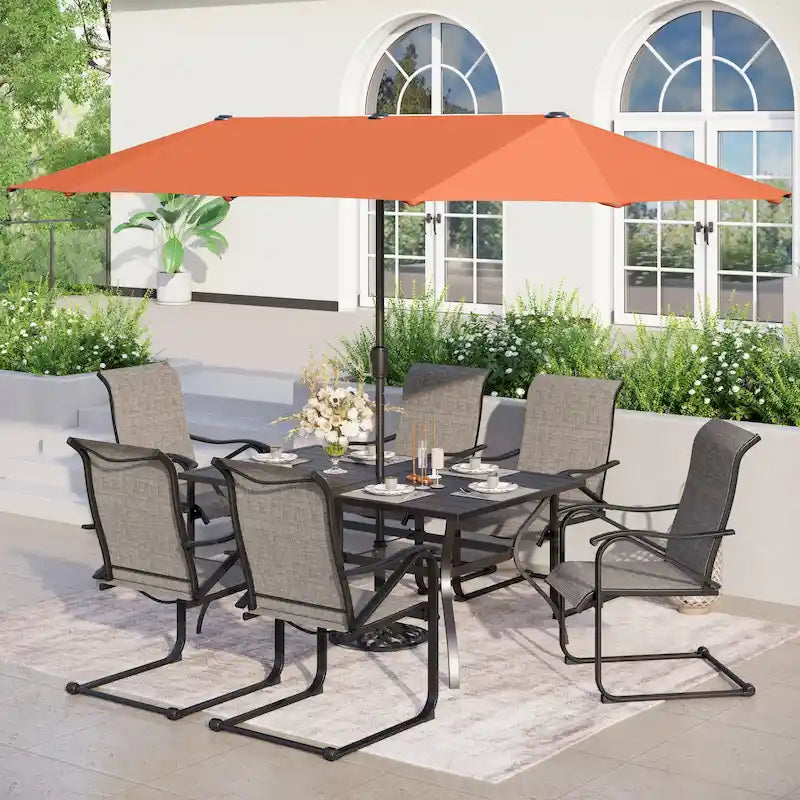 Set da pranzo per patio da 7/8 pezzi con tavolo in metallo a doghe 60x38 con foro per ombrellone da 1,56 e 6 sedie a movimento a molla