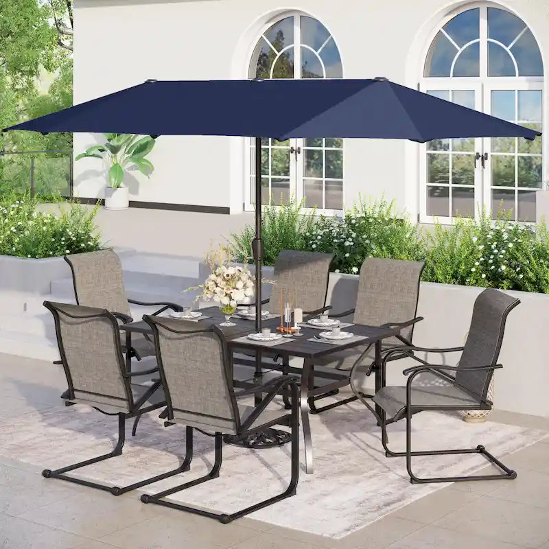 Set da pranzo per patio da 7/8 pezzi con tavolo in metallo a doghe 60x38 con foro per ombrellone da 1,56 e 6 sedie a movimento a molla