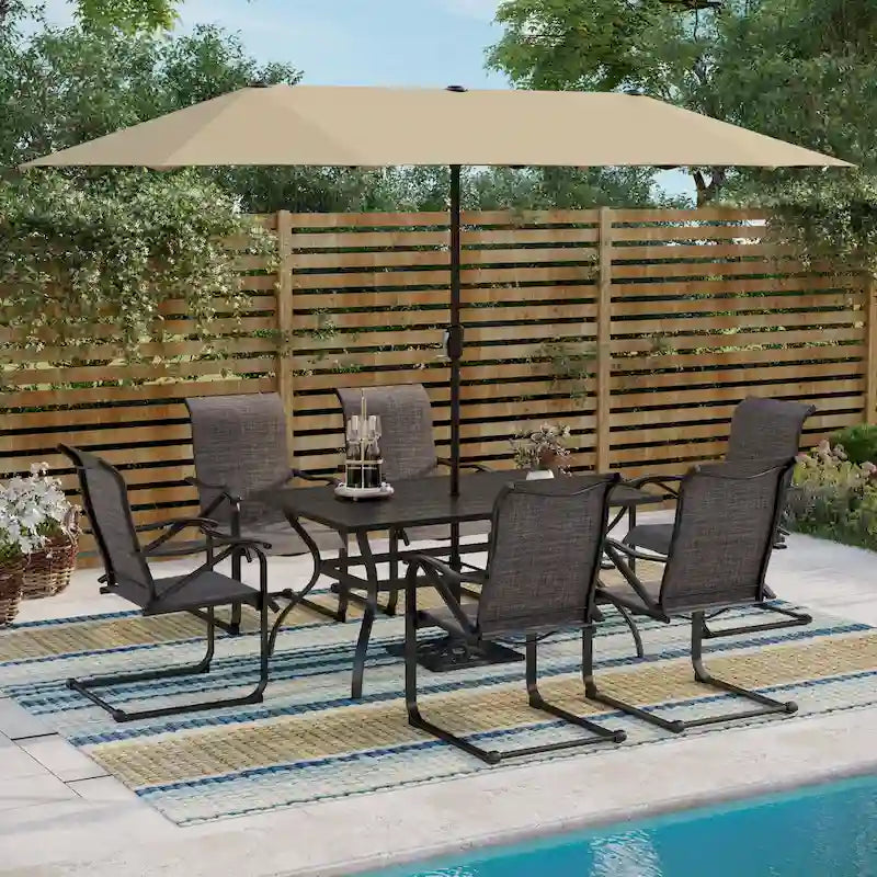7/8-Piece Patio Dining Set including 60x38 Slatted Metal Table with 1.56 Umbrella Hole and 6 Spring Motion Chairs