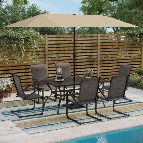 Set da pranzo per patio da 7/8 pezzi con tavolo in metallo a doghe 60x38 con foro per ombrellone da 1,56 e 6 sedie a movimento a molla