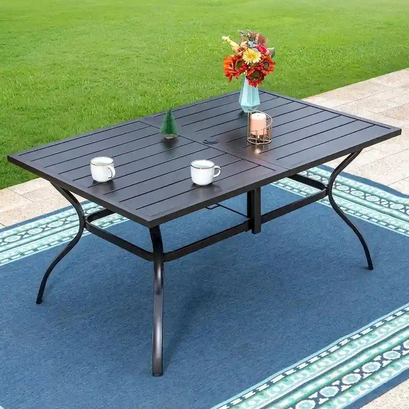 7/8-Piece Patio Dining Set including 60x38 Slatted Metal Table with 1.56 Umbrella Hole and 6 Spring Motion Chairs
