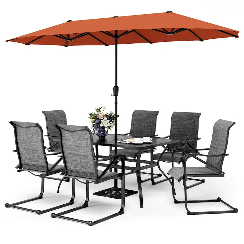 7/8-Piece Patio Dining Set including 60x38 Slatted Metal Table with 1.56 Umbrella Hole and 6 Spring Motion Chairs