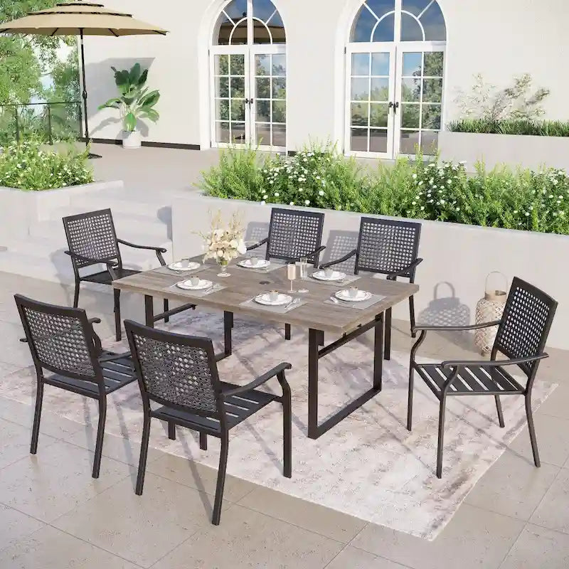 Set da pranzo da esterno da 7 pezzi con rivestimento a E, 6 sedie impilabili e 1 tavolo da pranzo in metallo