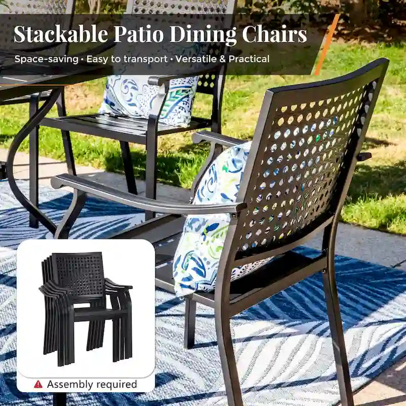 7-Piece Patio E-coating Dining Set of 6 Stackable Chairs & 1 Metal Dining Table