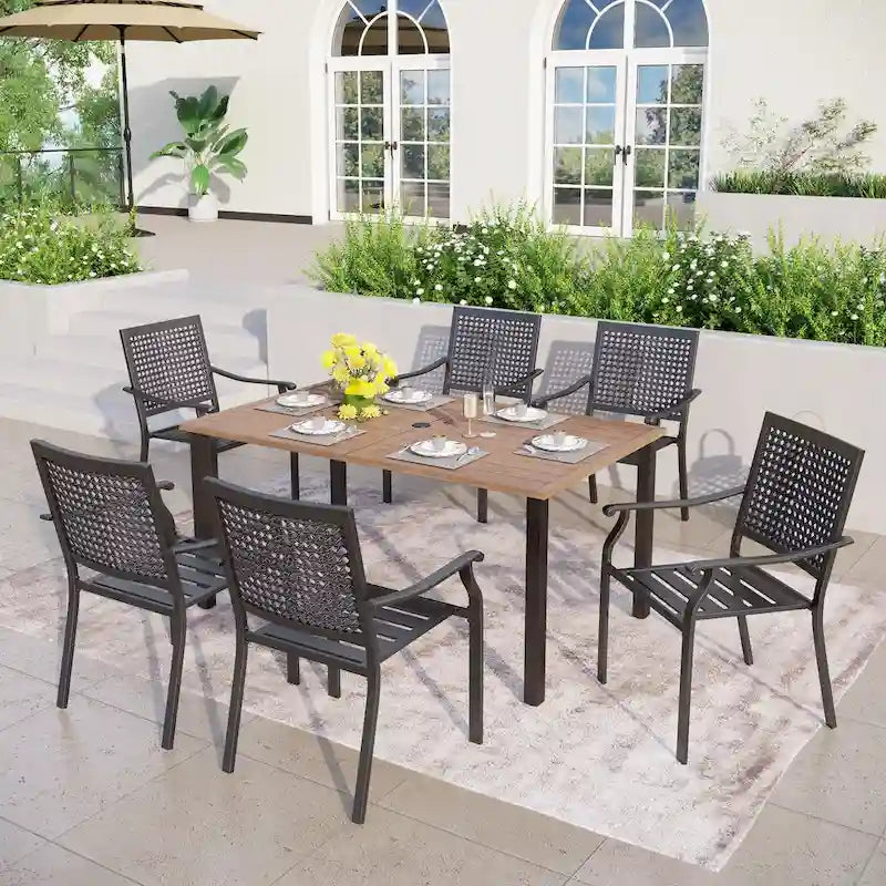 7-Piece Patio E-coating Dining Set of 6 Stackable Chairs & 1 Metal Dining Table
