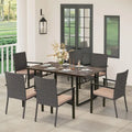 MAISON ARTS 7-Piece Patio Dining Set Printed Wood-grain Table & Rattan Dining Chairs