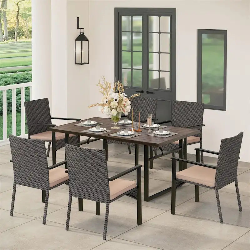 MAISON ARTS 7-Piece Patio Dining Set Printed Wood-grain Table & Rattan Dining Chairs