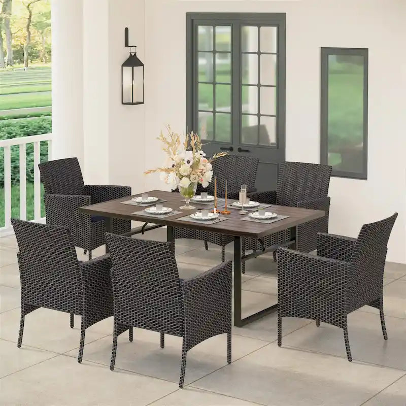MAISON ARTS Set da pranzo da 7 pezzi per patio con tavolo in legno stampato e sedie in rattan