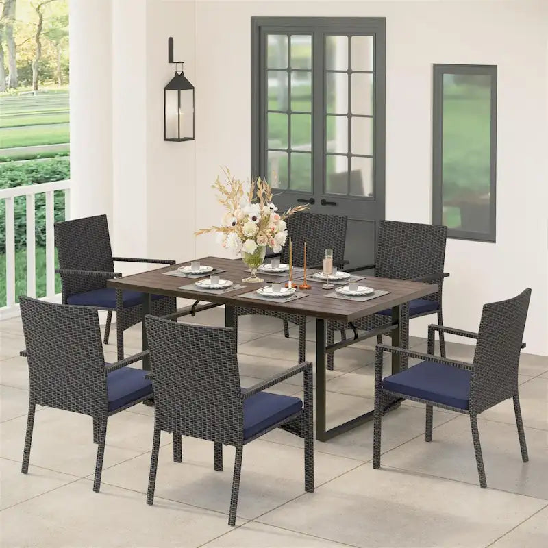 MAISON ARTS Set da pranzo da 7 pezzi per patio con tavolo in legno stampato e sedie in rattan