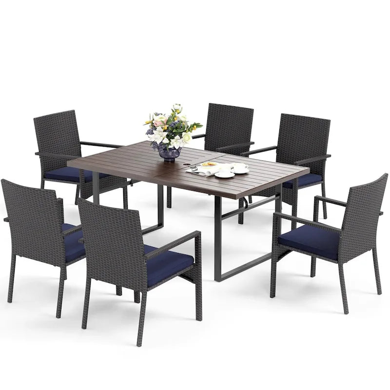 MAISON ARTS 7-Piece Patio Dining Set Printed Wood-grain Table & Rattan Dining Chairs