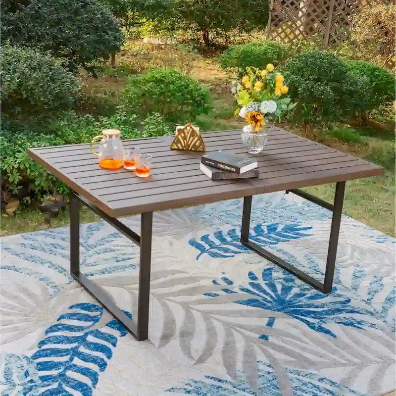 MAISON ARTS 7-Piece Patio Dining Set Printed Wood-grain Table & Rattan Dining Chairs