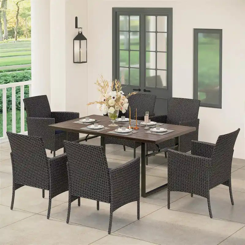 MAISON ARTS 7-Piece Patio Dining Set Printed Wood-grain Table & Rattan Dining Chairs