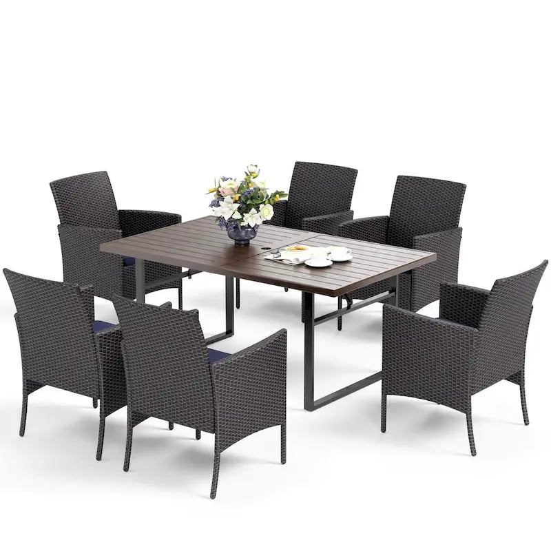 MAISON ARTS 7-Piece Patio Dining Set Printed Wood-grain Table & Rattan Dining Chairs