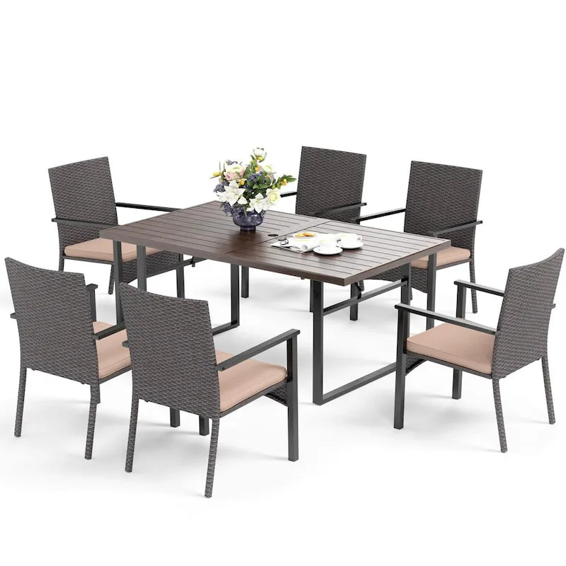 MAISON ARTS 7-Piece Patio Dining Set Printed Wood-grain Table & Rattan Dining Chairs