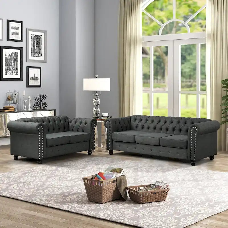 Set divano e divanetto 2 pezzi Morden Fort Tufted Upholstered Chesterfield per soggiorno, Tessuto, Lino