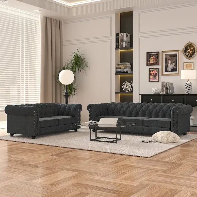 Set divano e divanetto 2 pezzi Morden Fort Tufted Upholstered Chesterfield per soggiorno, Tessuto, Lino