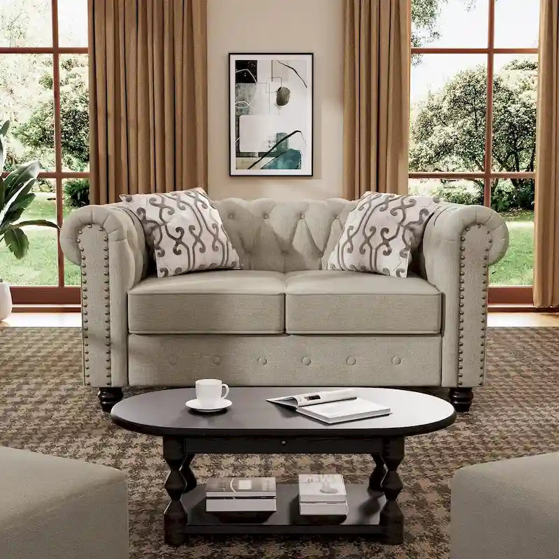 Set divano e divanetto 2 pezzi Morden Fort Tufted Upholstered Chesterfield per soggiorno, Tessuto, Lino