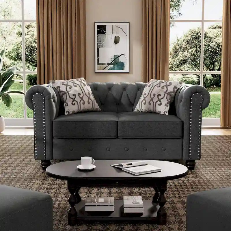 Set divano e divanetto 2 pezzi Morden Fort Tufted Upholstered Chesterfield per soggiorno, Tessuto, Lino