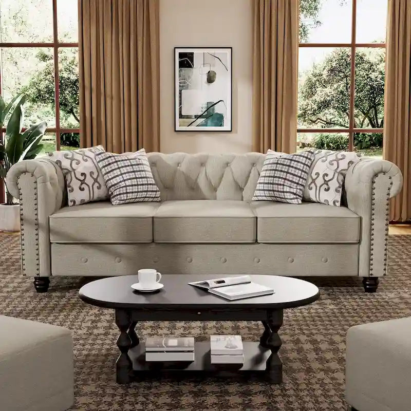 Set divano e divanetto 2 pezzi Morden Fort Tufted Upholstered Chesterfield per soggiorno, Tessuto, Lino