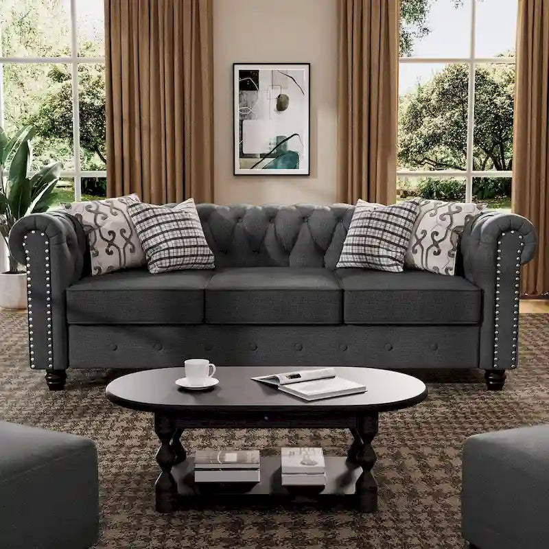 Set divano e divanetto 2 pezzi Morden Fort Tufted Upholstered Chesterfield per soggiorno, Tessuto, Lino