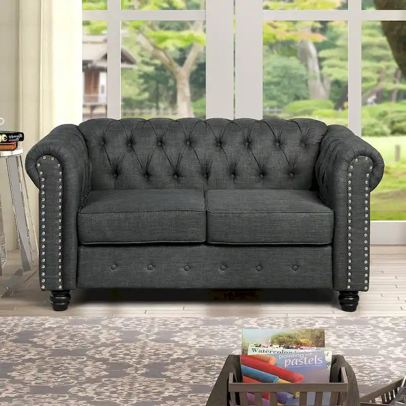 Set divano e divanetto 2 pezzi Morden Fort Tufted Upholstered Chesterfield per soggiorno, Tessuto, Lino