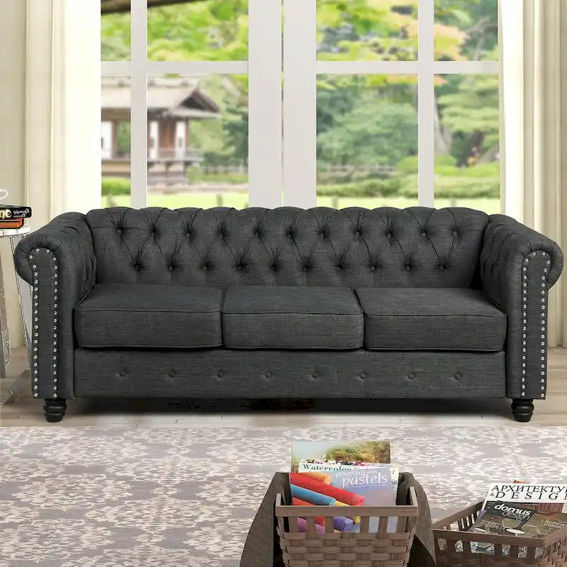Set divano e divanetto 2 pezzi Morden Fort Tufted Upholstered Chesterfield per soggiorno, Tessuto, Lino