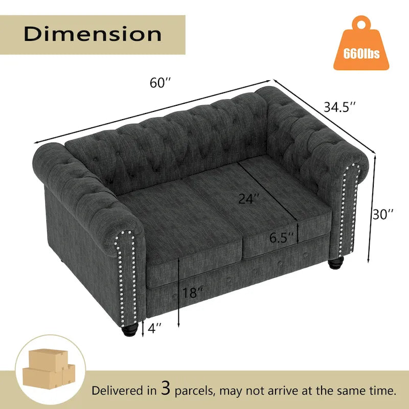 Set divano e divanetto 2 pezzi Morden Fort Tufted Upholstered Chesterfield per soggiorno, Tessuto, Lino