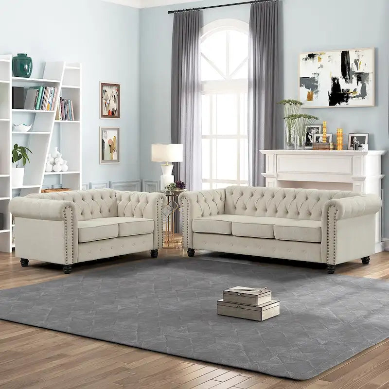 Set divano e divanetto 2 pezzi Morden Fort Tufted Upholstered Chesterfield per soggiorno, Tessuto, Lino