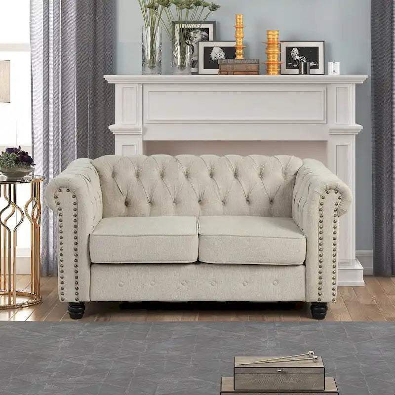 Set divano e divanetto 2 pezzi Morden Fort Tufted Upholstered Chesterfield per soggiorno, Tessuto, Lino