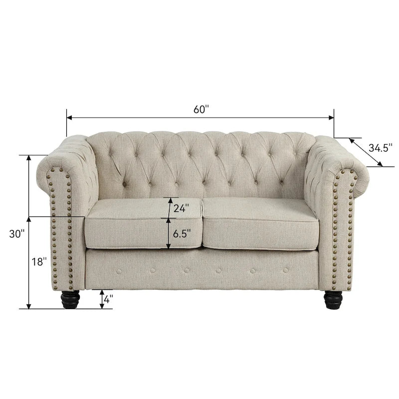 Set divano e divanetto 2 pezzi Morden Fort Tufted Upholstered Chesterfield per soggiorno, Tessuto, Lino