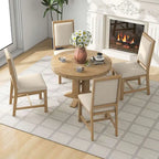 Farmhouse Retractable Round Table with 4 Upholstered Chairs