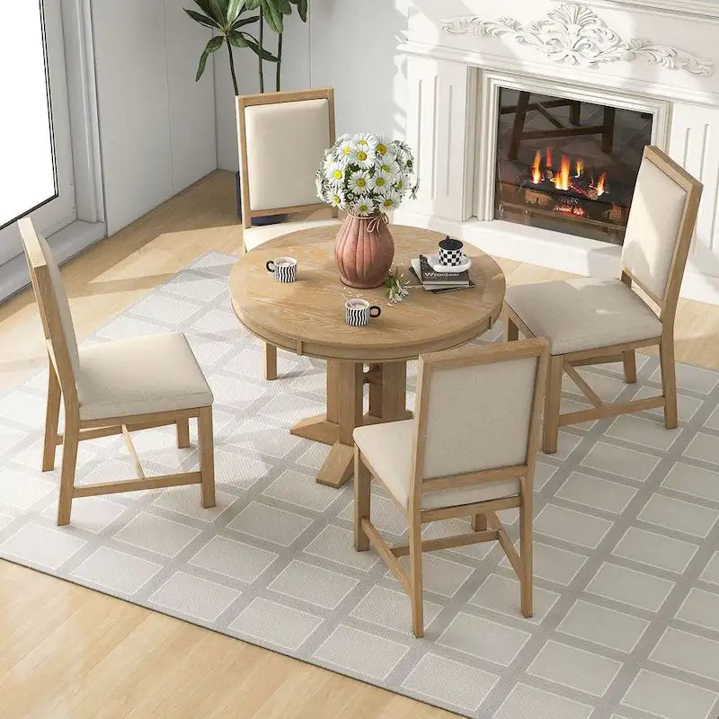 Farmhouse Retractable Round Table with 4 Upholstered Chairs