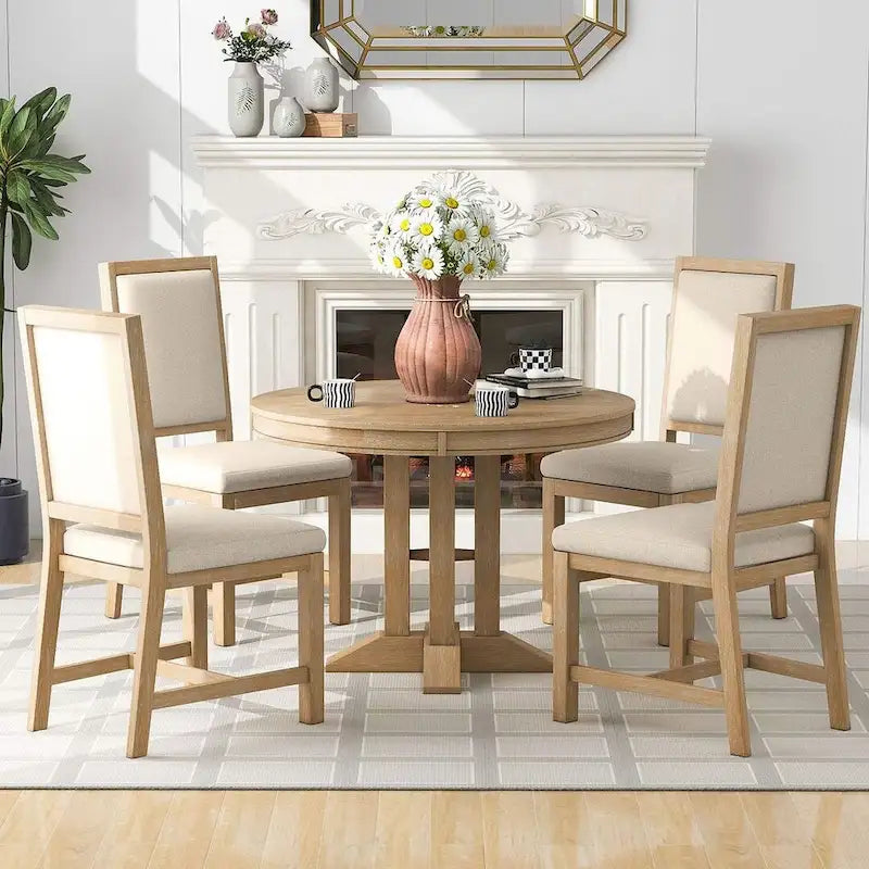Farmhouse Retractable Round Table with 4 Upholstered Chairs