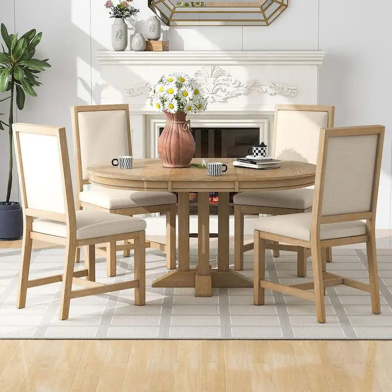 Farmhouse Retractable Round Table with 4 Upholstered Chairs