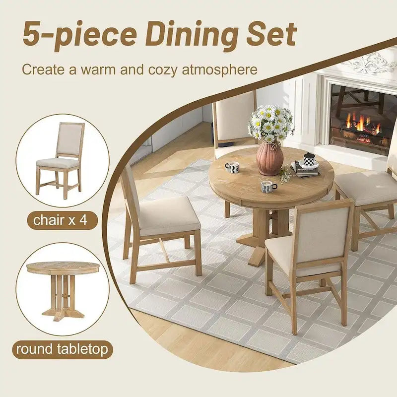 Farmhouse Retractable Round Table with 4 Upholstered Chairs