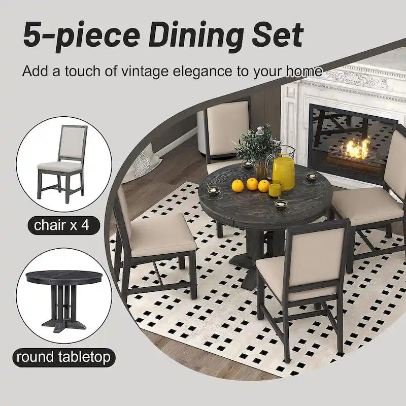 Farmhouse Retractable Round Table with 4 Upholstered Chairs