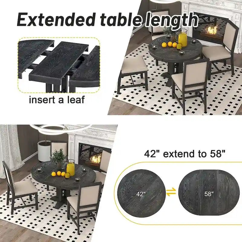 Farmhouse Retractable Round Table with 4 Upholstered Chairs